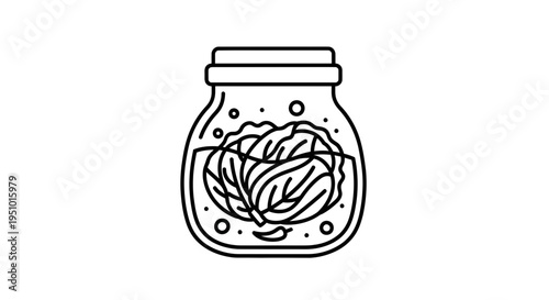 Fermented Cabbage in Jar, Healthy Probiotic Food, Line Art Illustration