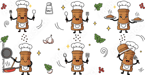 Cute cartoon pepper chef cooking character set with frying pan, spices, garlic and herbs, funny kitchen mascot vector illustration collection