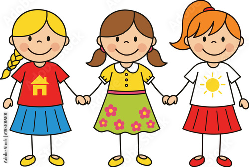 Cartoon illustration of three cheerful girls holding hands, colorful outfits, diverse hairstyles, friendship and unity concept for children’s educational artwork, posters, storybooks
