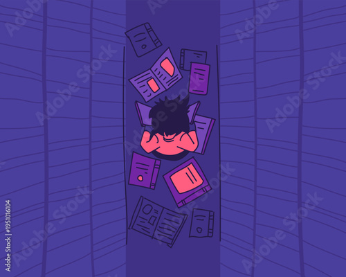 Reading Books Boy On Floor. Library Reading Room Cartoon Outline Violet Illustration