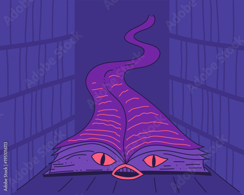 Opened Book Magic Monster With Eyes And Mouth. Grimoire Cartoon Outline Violet Character Sticker