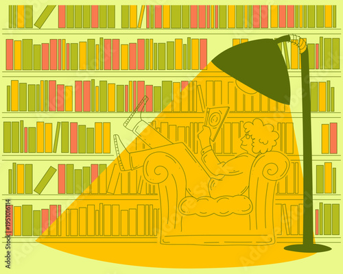 Library Cozy Reading Room Cartoon Outline Green Illustration. Man in an armchair in the library reads book