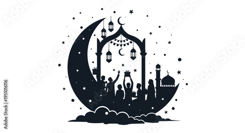 A festive ramadan scene depicts a crescent moon and silhouettes of people celebrating together silhouette