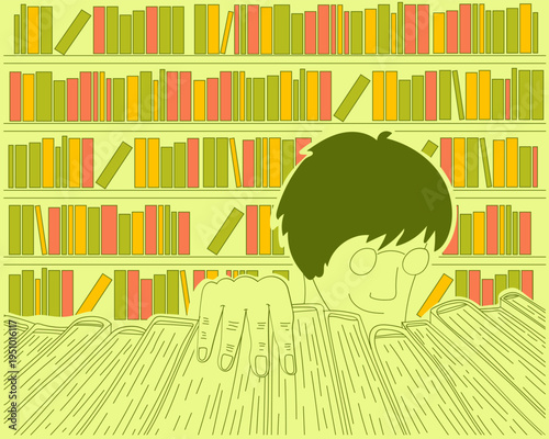 Man Takes Book In Glasses. Library Reading Room Cartoon Outline Green Illustration