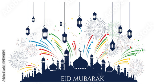 Festive eid mubarak celebration with fireworks lanterns and a city skyline silhouette high quality professional detailed