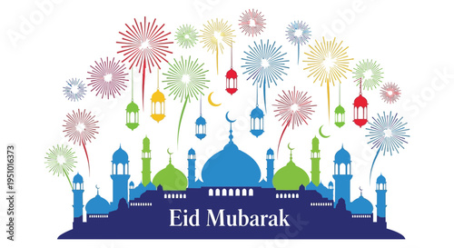 A festive eid mubarak celebration featuring fireworks and a mosque skyline silhouette high quality professional detailed