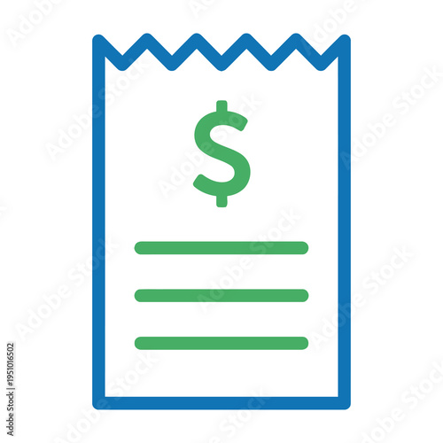 Blue and green receipt icon with dollar sign and lines for financial concept
