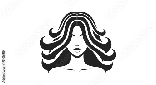 Elegant Woman Portrait with Flowing Wavy Hair, Black and White Silhouette Style