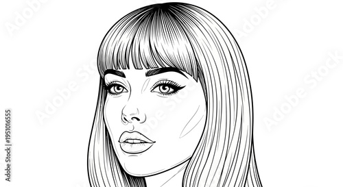 Elegant Woman Portrait, Black and White Line Art, Vintage Style, Fashion Illustration