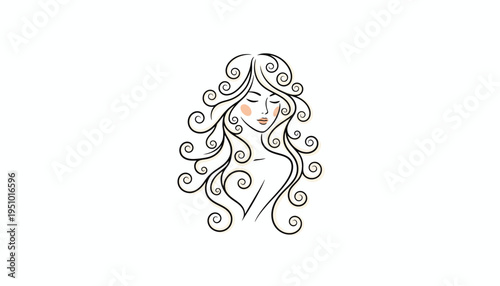 Elegant Woman Portrait, Flowing Curly Hair, Minimalist Line Art, Beauty and Style