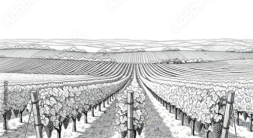 Vineyard Landscape Drawing - Rolling Hills and Grape Vines