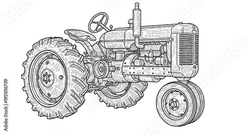 Vintage Tractor Illustration: Retro Farm Vehicle Sketch on White Background