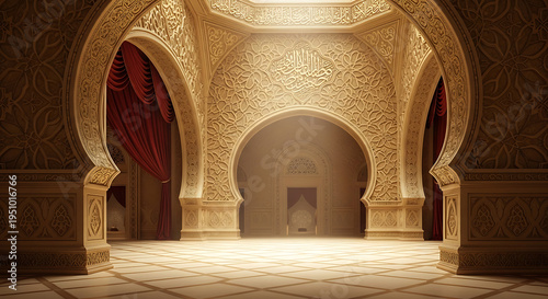 Intricately Designed Moorish Archway Interior, Historical Islamic Architecture, Ornate Patterns, Cultural Heritage, Symmetrical Viewpoint