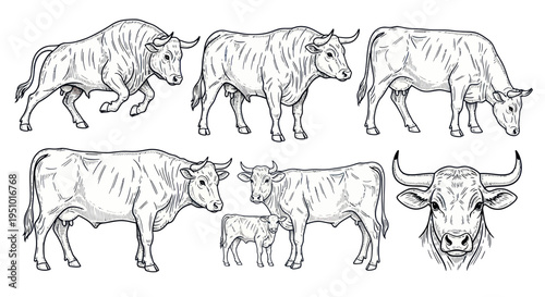 Bull Collection: Dynamic Illustrations of Cattle and Calf