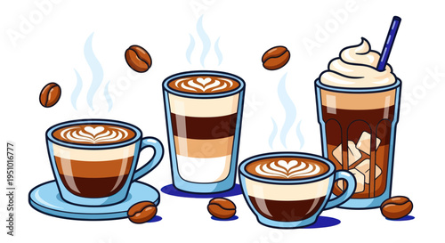 Assorted Coffee Drinks and Beans, Hot and Cold Brews