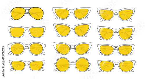 Collection of diverse vintage sunglasses with yellow lenses on white background