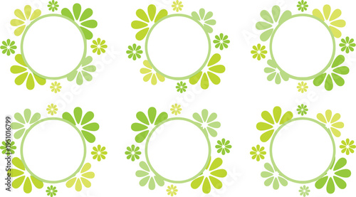 Set of Circular Floral Frames with Green Leaves and Yellow Flowers for Organic Product Labels, Spring Wedding Invitations, Eco Friendly Branding, and Nature Themed Stationery