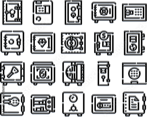 Collection of outline black and white icons illustrating different types of security safes, vaults, and deposit boxes, perfect for banking, protection, and storage concepts