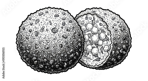 Hand-drawn illustration of a crispy fried croquette with a savory filling