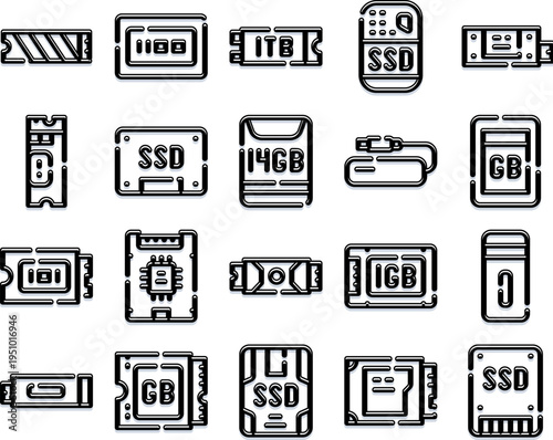 Collection of outline icons illustrating various components for electronic data storage. Including solid state drives. Memory cards. And usb flash drives. Representing digital hardware and technology