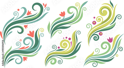 Collection of Abstract Floral Swirl Ornaments with Organic Green Curves and Colorful Flower Buds for Modern Branding, Eco Friendly Packaging, and Decorative Graphic Design