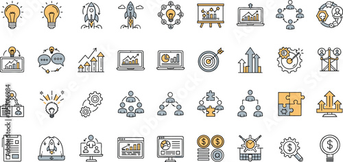 Business strategy and innovation vector icon set featuring leadership, teamwork, analytics charts, startup ideas, growth planning, financial success and management concepts