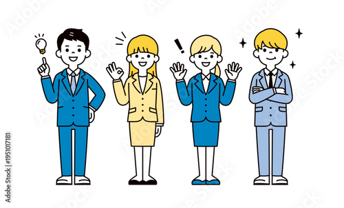 アイデアを思い付く・トラブル解消する、若いビジネスパーソンの全身ベクターイラスト素材セット