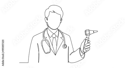 Doctor holding otoscope, medical examination, single line drawing, minimalist