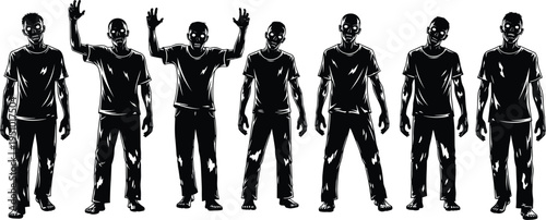 Zombie silhouettes collection, scary undead characters, horror creatures walking and attacking poses, Halloween concept, black vector illustration isolated set