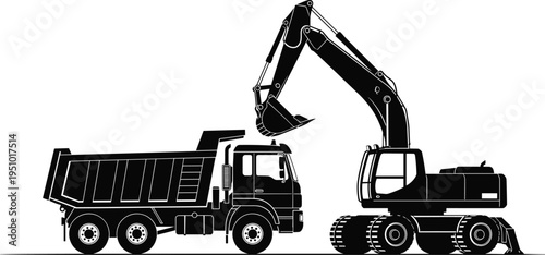 Black and white silhouette of a wheeled excavator loading soil into a heavy duty dump truck on a construction site.