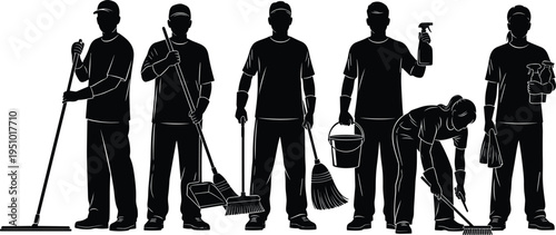Cleaning service workers silhouettes, janitors with tools, housekeeping staff, sanitation and maintenance concept, black vector illustration isolated professional set