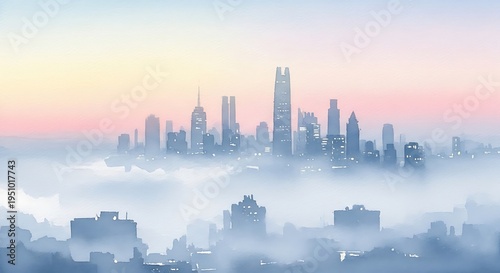 Modern city skyline emerges through thick morning fog at sunrise