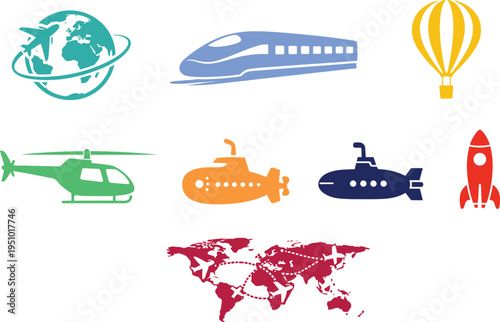 Vector illustration of a transportation icons set featuring vehicle symbols like car, plane, truck, and boat for travel and auto design.