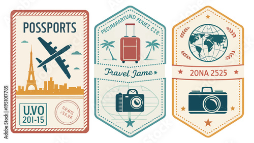 Travel and vacation themed name tags with passport stamps and iconic symbols