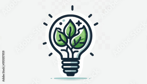Green Energy Idea Lightbulb Illustration: Sustainable Innovation Symbol with Growing Plant Leaves Inside