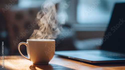 Steaming white coffee cup on wooden desk next to laptop