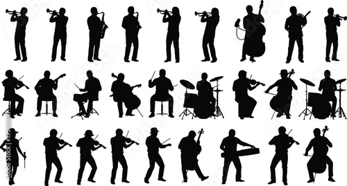 Musician Silhouettes Collection Orchestra Band Performers Playing Violin Trumpet Saxophone Guitar Drums and Double Bass Black Vector Set