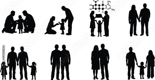 Family silhouettes collection, parents and children bonding moments, diverse family structures, love and care concept, black vector illustration isolated set