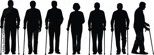 Elderly people silhouettes with walking cane, senior men and women standing, aging concept, healthcare support, black vector isolated illustration