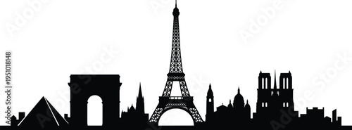 Paris Landmark Skyline Silhouette Featuring Eiffel Tower Arc de Triomphe Notre Dame Cathedral Louvre Pyramid Famous France Architecture Vector