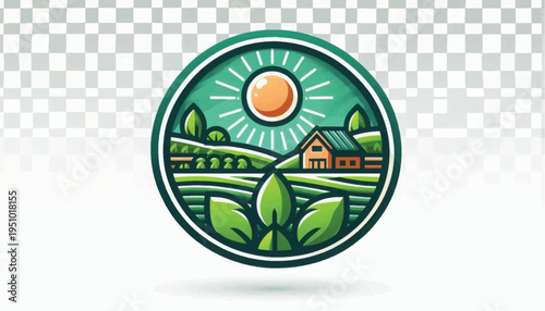 Vintage Organic Farm Logo Badge Illustration. Rustic Agriculture Emblem with Rolling Hills, Barn, and Sun.