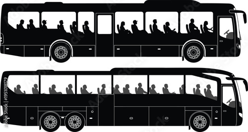 Passenger bus silhouettes with seated people, side view public transport vehicles isolated on white background, urban travel illustration set