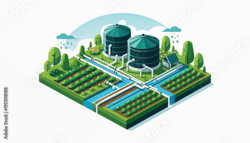 Smart Farming Isometric Illustration: Sustainable Agriculture, Water Management, Irrigation System, Storage Silos, and Crop Fields.