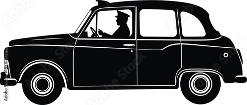 Vintage Taxi Car Silhouette With Driver Classic City Cab Vehicle Transportation Icon Isolated Black Vector Illustration