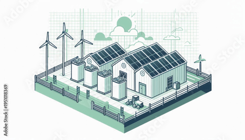 Isometric Microgrid System Sketch: Sustainable Home with Solar Panels, Wind Turbines, and Battery Energy Storage.
