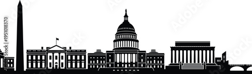 Washington DC Landmark Skyline Silhouette Featuring United States Capitol White House Lincoln Memorial and Washington Monument American Government Architecture Illustration