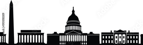 Washington DC Skyline Silhouette Featuring Capitol Building White House Lincoln Memorial and Washington Monument Famous United States Government Landmarks Illustration