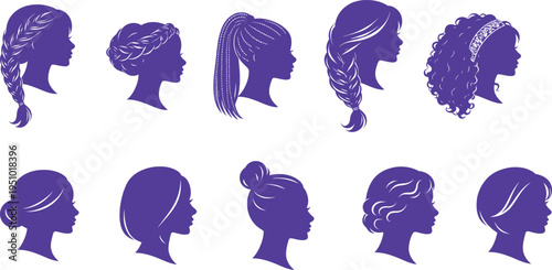 Vector illustration of a set featuring woman profile silhouettes and couple head art with heart icons for Valentine romance and fashion hair style design.