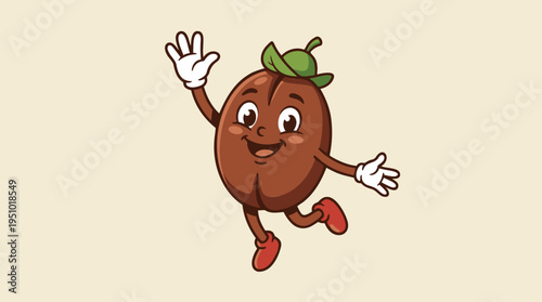 Happy Coffee Bean Mascot Waving Hand and Smiling, Cute Cartoon Character for Beverage & Cafe Branding, Flat Colors Vector Illustration Isolated on Background