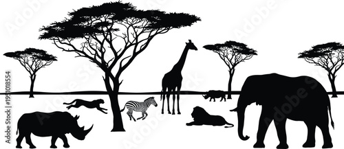 African Savanna Wildlife Silhouette With Elephant Giraffe Zebra Lion Rhino and Acacia Trees Safari Nature Vector Illustration